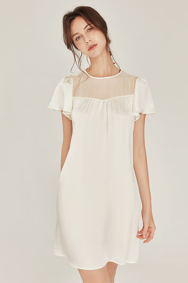 100% Mulberry Silk Loose Short Sleeve Nightgown Wearable Outside Dress