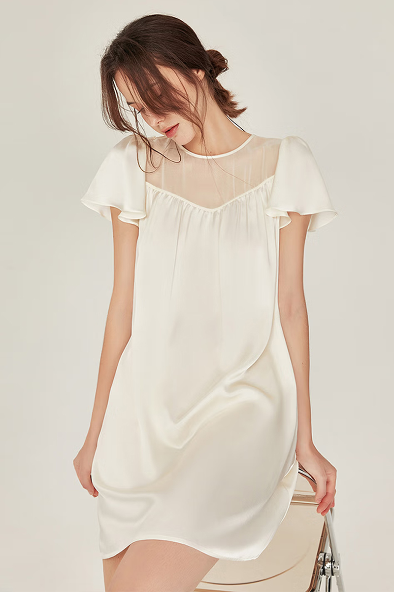 100% Mulberry Silk Loose Short Sleeve Nightgown Wearable Outside Dress