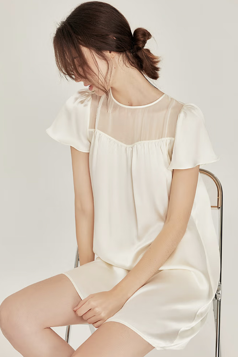 100% Mulberry Silk Loose Short Sleeve Nightgown Wearable Outside Dress