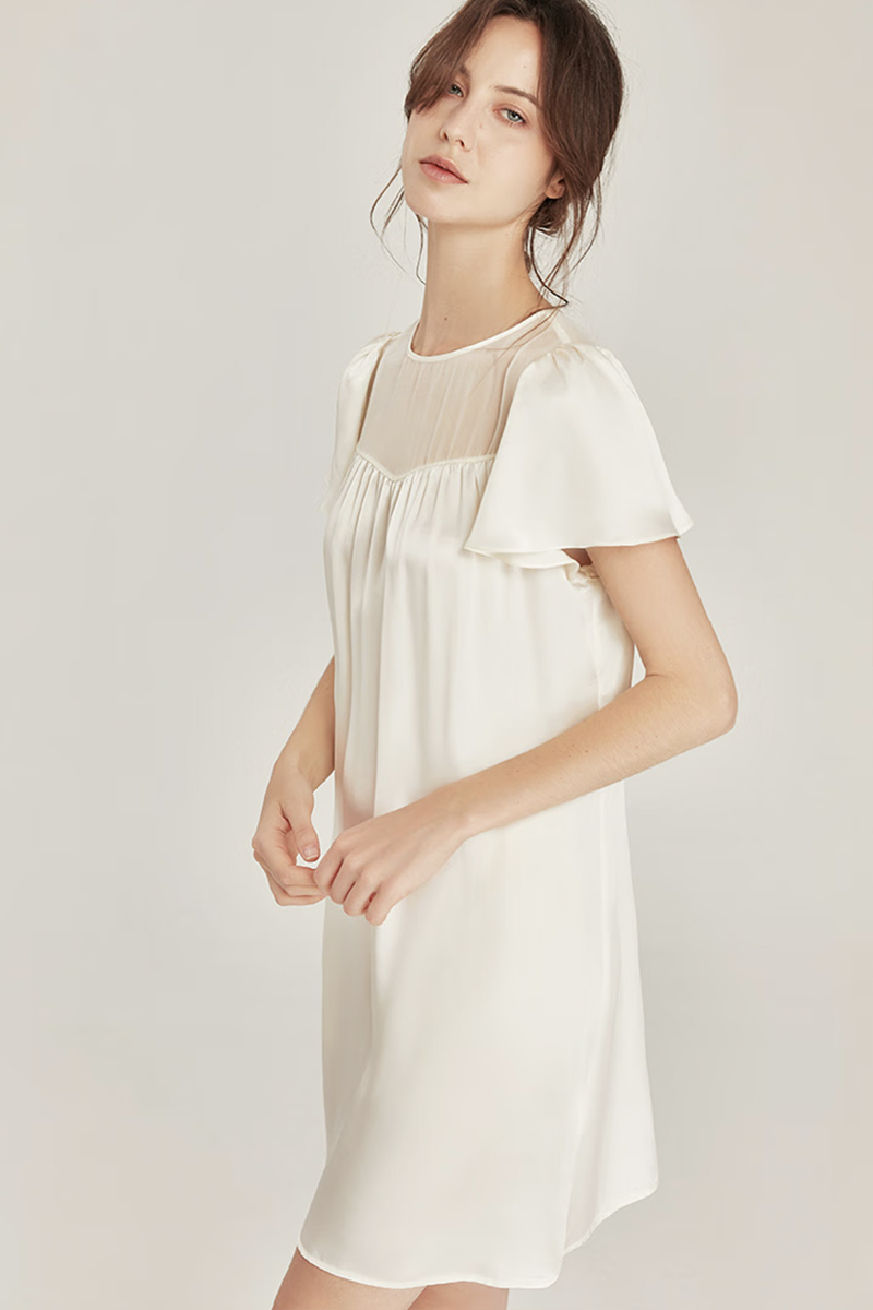 100% Mulberry Silk Loose Short Sleeve Nightgown Wearable Outside Dress