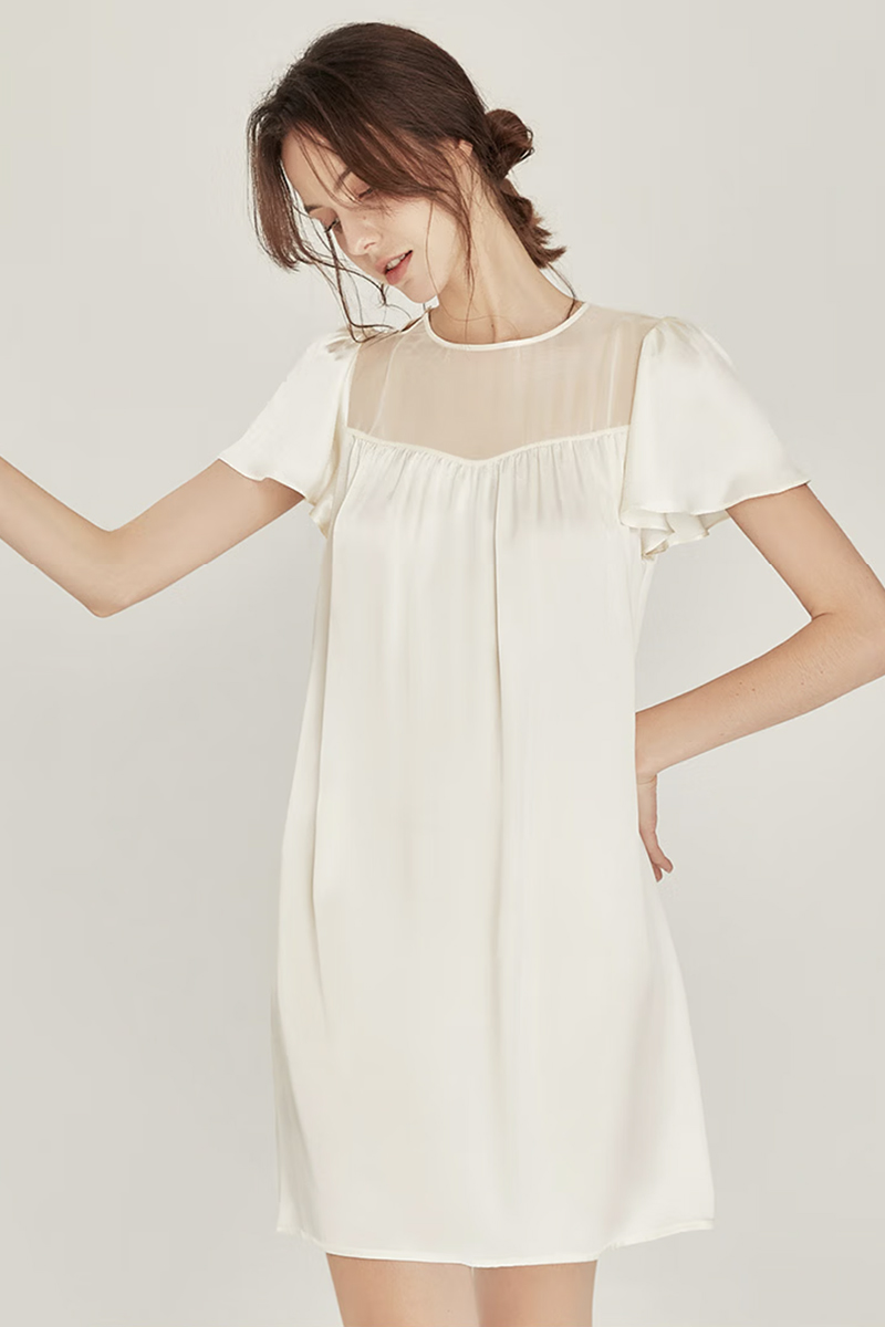 100% Mulberry Silk Loose Short Sleeve Nightgown Wearable Outside Dress