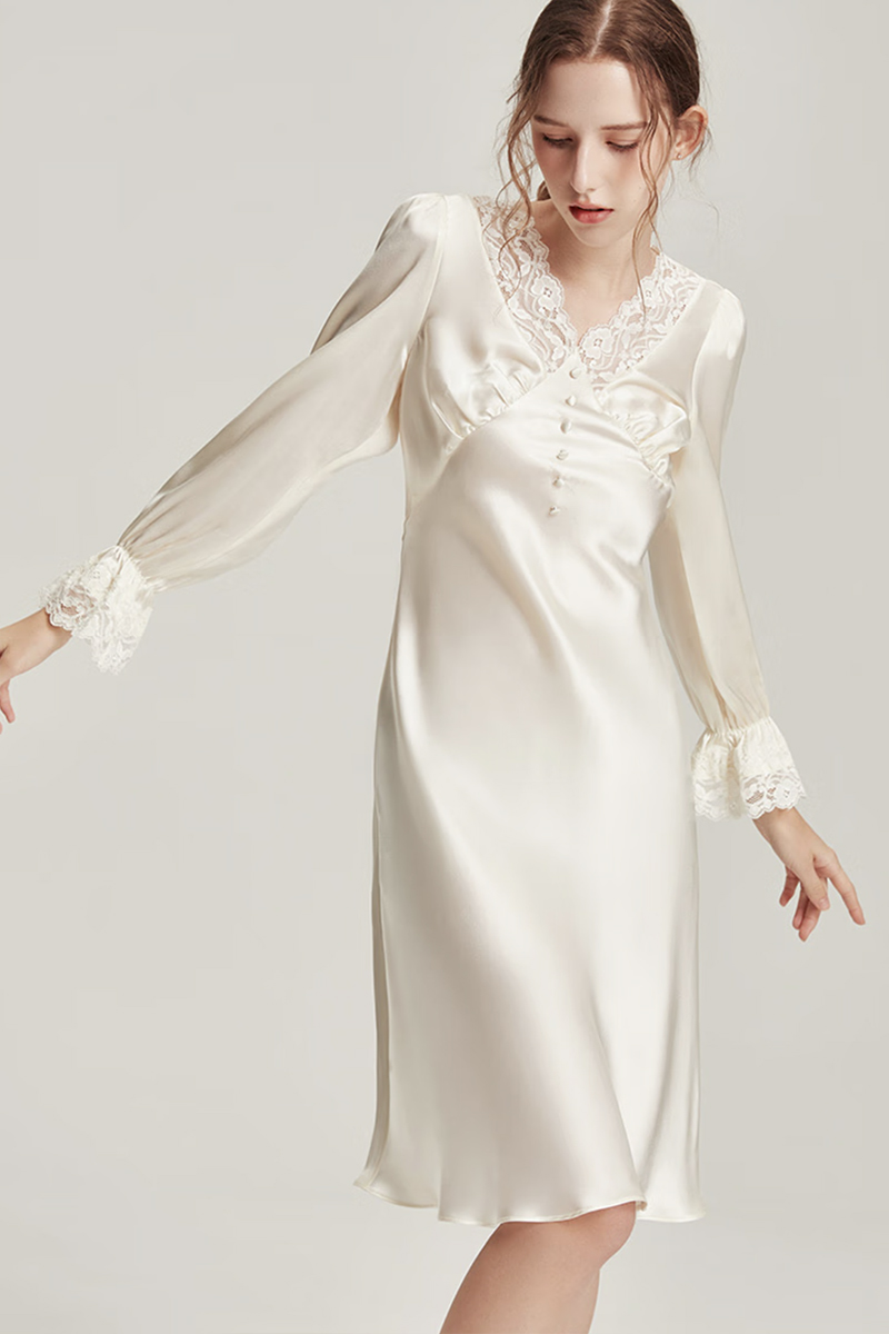 19 Momme Heavy Mulberry Silk White Nightgown with Lace Dress