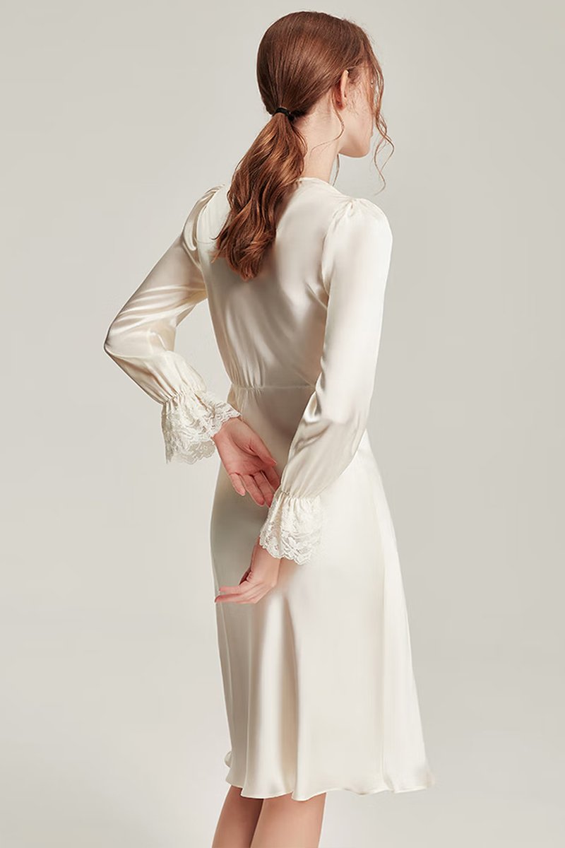 19 Momme Heavy Mulberry Silk White Nightgown with Lace Dress