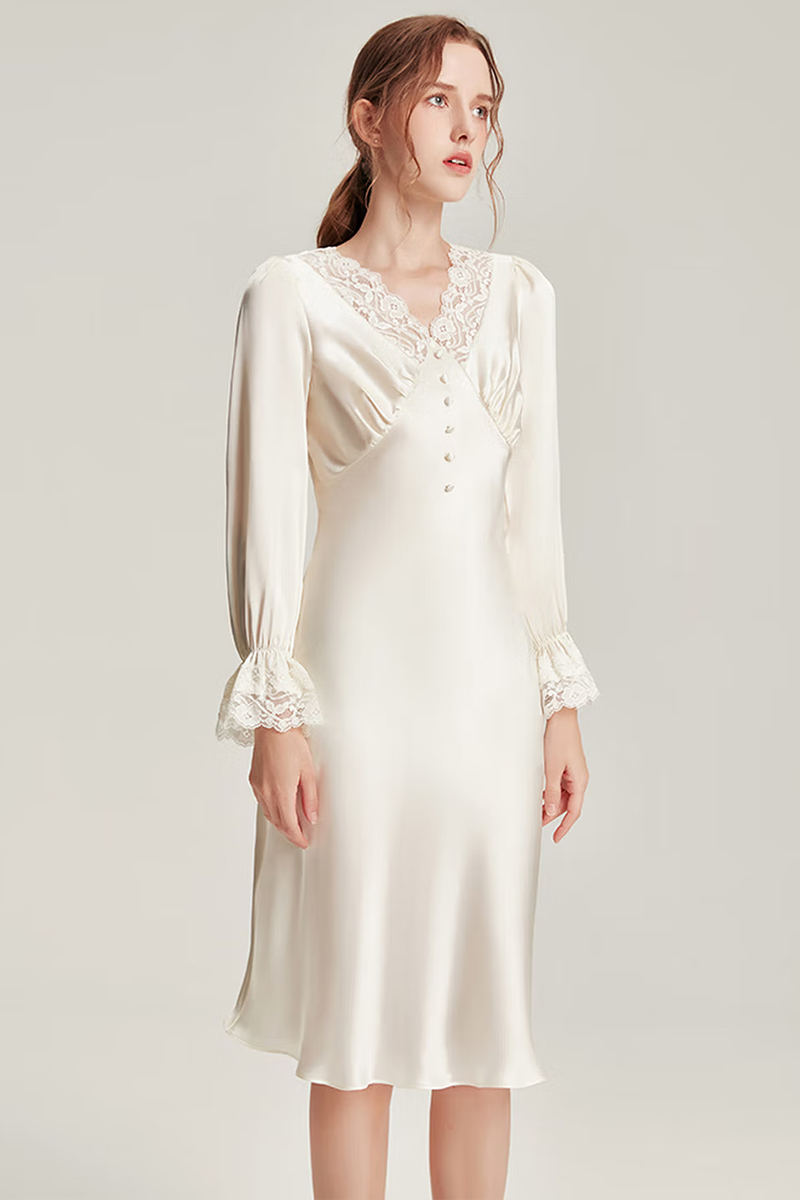 19 Momme Heavy Mulberry Silk White Nightgown with Lace Dress