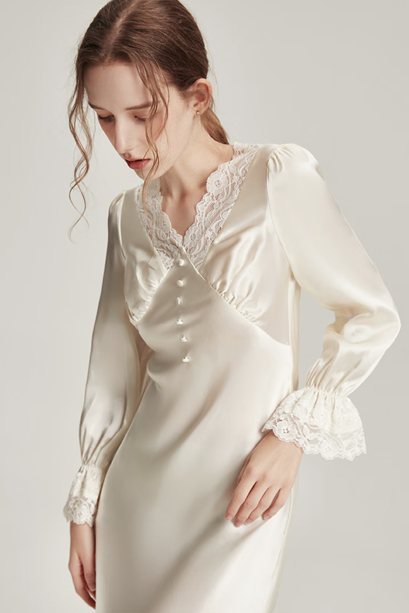 19 Momme Heavy Mulberry Silk White Nightgown with Lace Dress