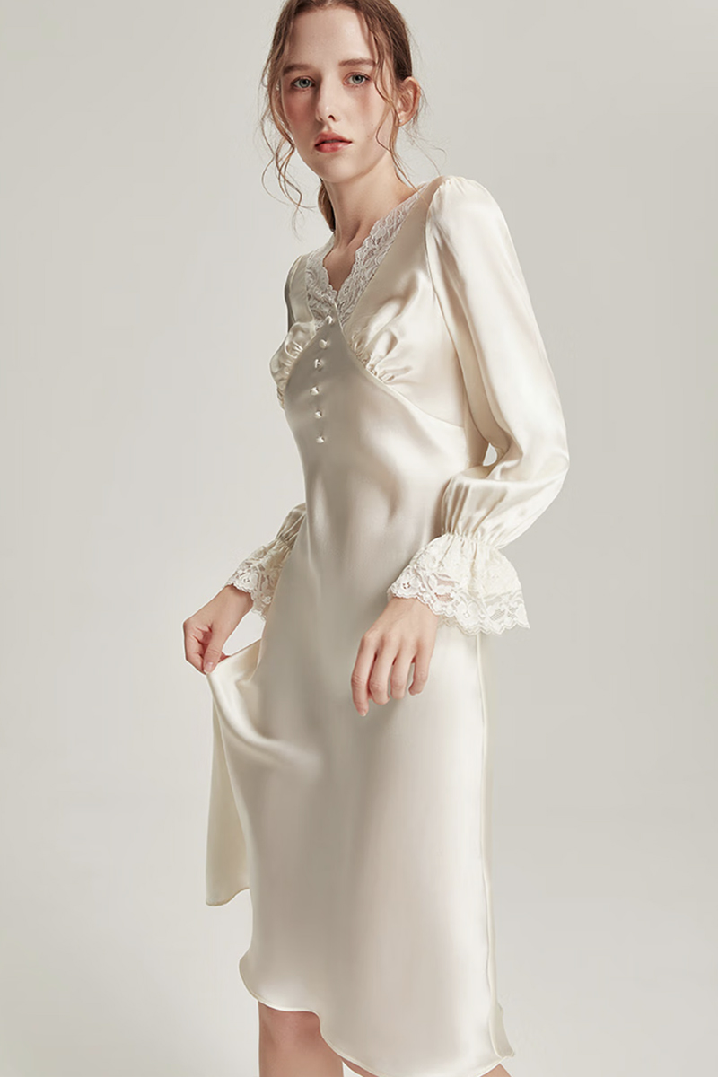 19 Momme Heavy Mulberry Silk White Nightgown with Lace Dress