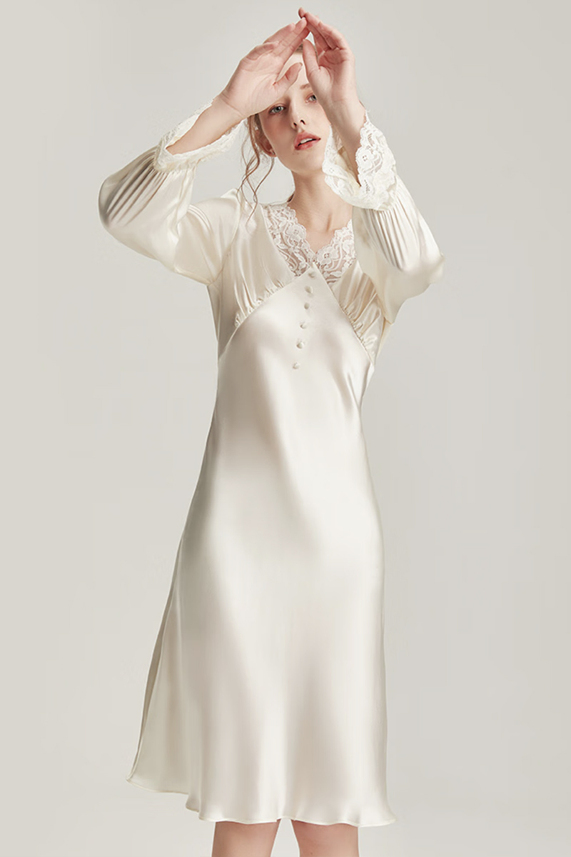 19 Momme Heavy Mulberry Silk White Nightgown with Lace Dress