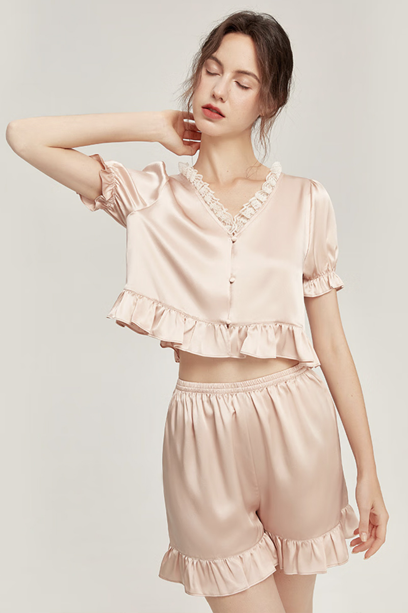 100% Mulberry Silk Short Sleeve Pajama Simple Lace Trim Silk Sleepwear