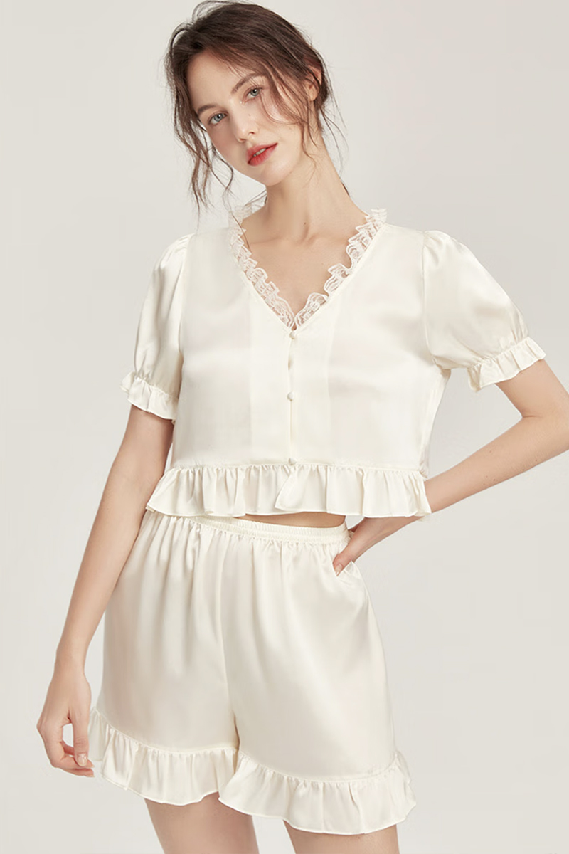 100% Mulberry Silk Short Sleeve Pajama Simple Lace Trim Silk Sleepwear