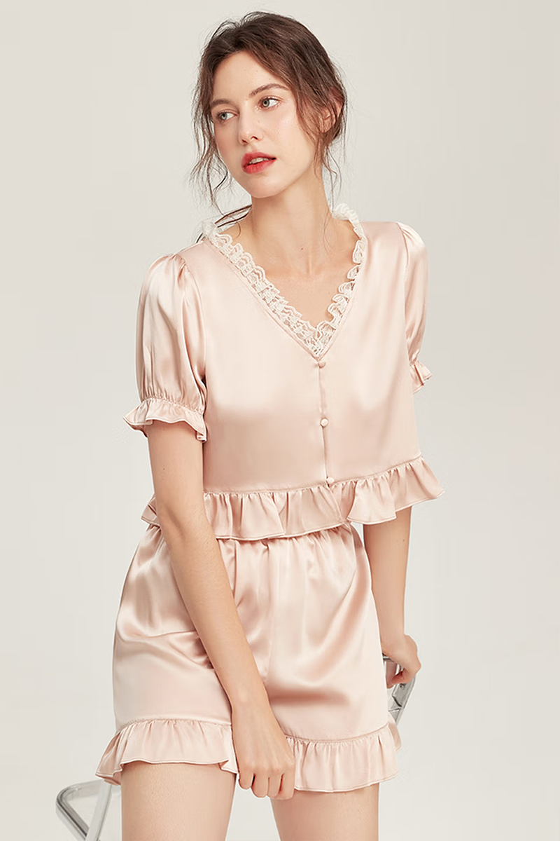 100% Mulberry Silk Short Sleeve Pajama Simple Lace Trim Silk Sleepwear
