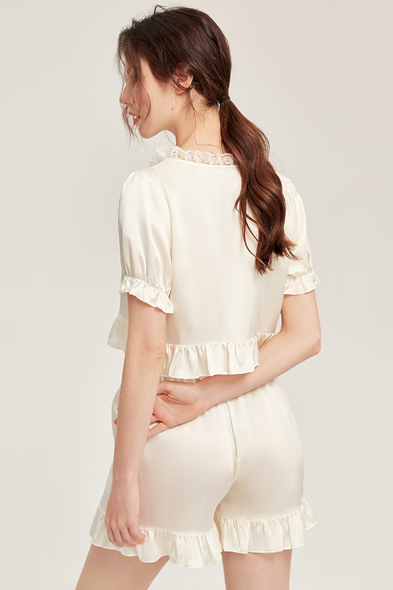 100% Mulberry Silk Short Sleeve Pajama Simple Lace Trim Silk Sleepwear