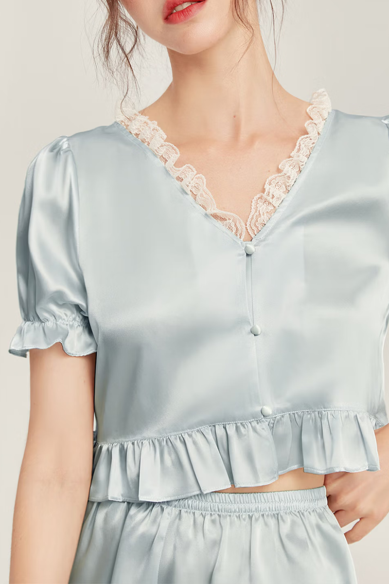 100% Mulberry Silk Short Sleeve Pajama Simple Lace Trim Silk Sleepwear
