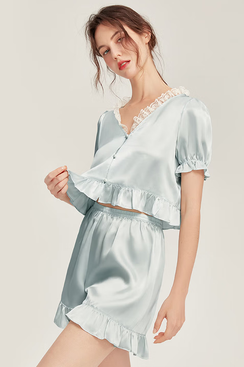 100% Mulberry Silk Short Sleeve Pajama Simple Lace Trim Silk Sleepwear