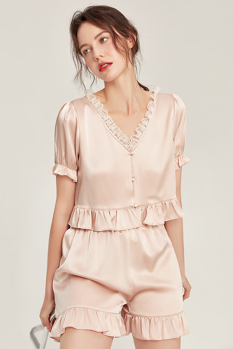 100% Mulberry Silk Short Sleeve Pajama Simple Lace Trim Silk Sleepwear