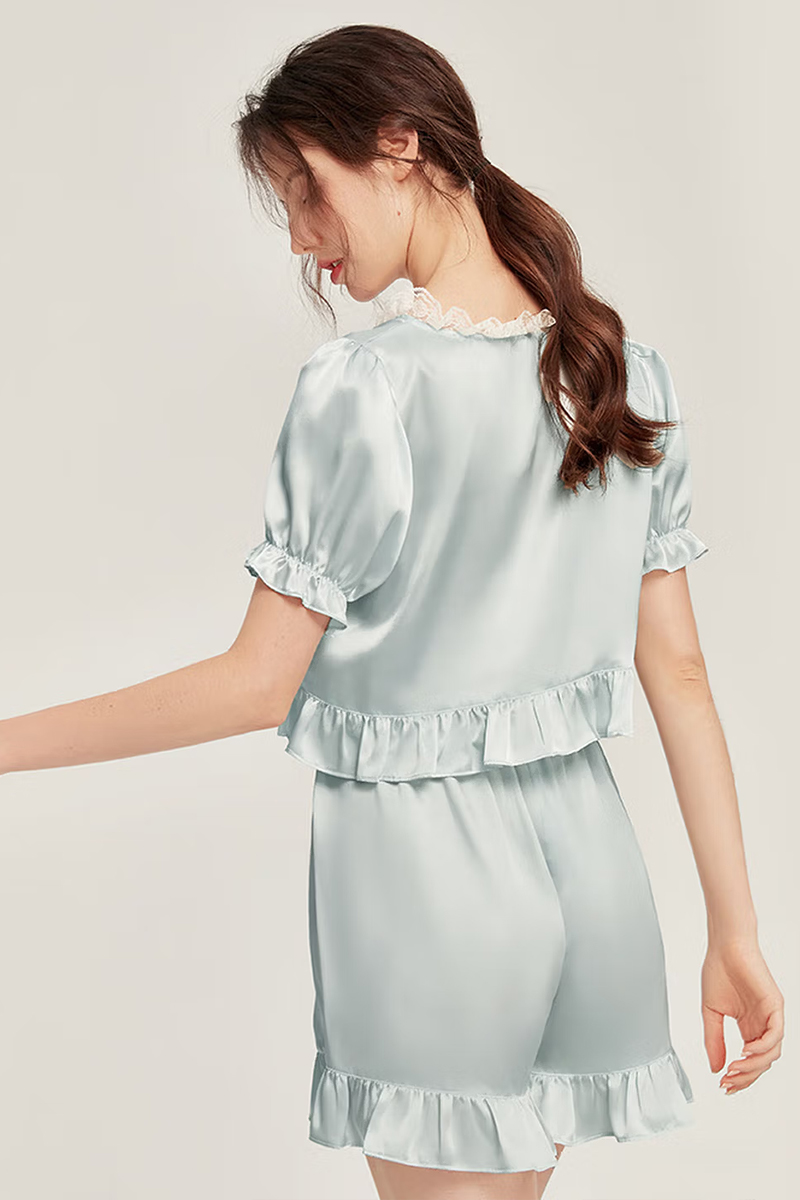 100% Mulberry Silk Short Sleeve Pajama Simple Lace Trim Silk Sleepwear