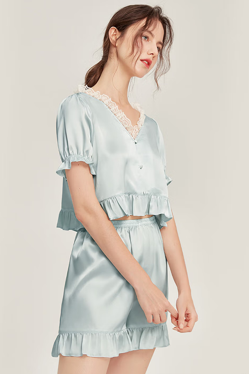 100% Mulberry Silk Short Sleeve Pajama Simple Lace Trim Silk Sleepwear