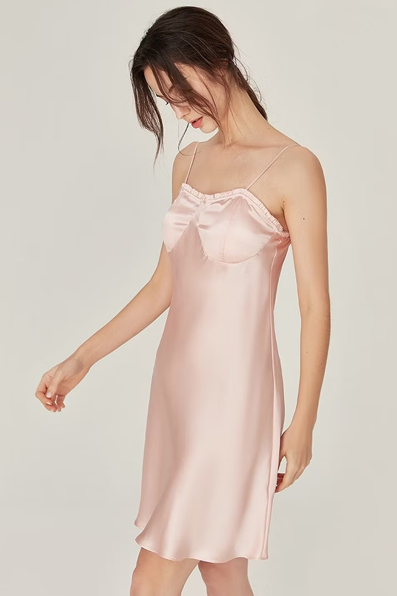 100% Mulberry Silk Camisole Nightgown with Built-in Bra for Women