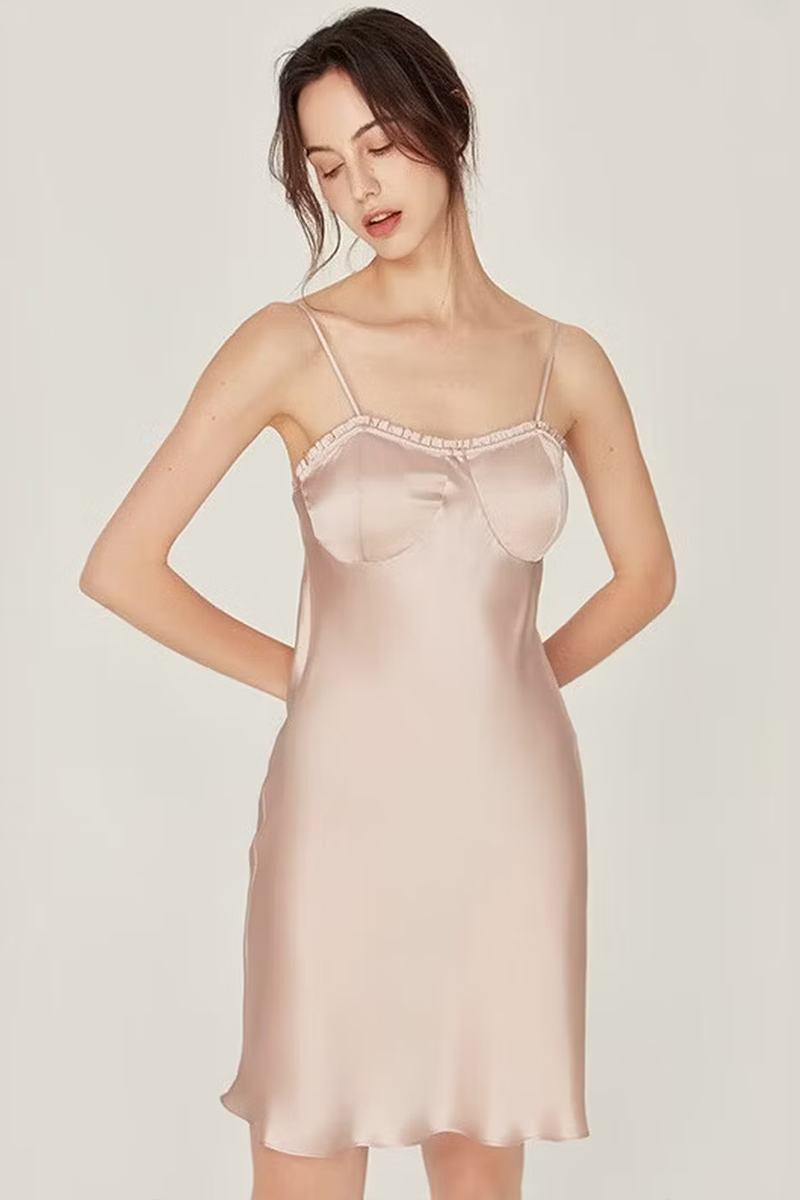 100% Mulberry Silk Camisole Nightgown with Built-in Bra for Women