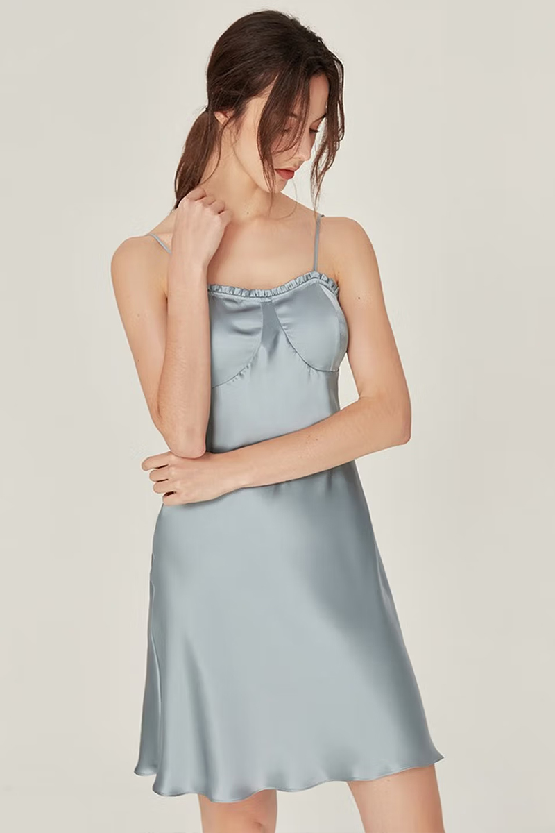 100% Mulberry Silk Camisole Nightgown with Built-in Bra for Women