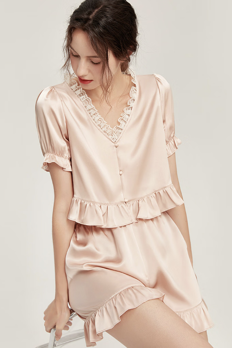 100% Mulberry Silk Short Sleeve Pajama Simple Lace Trim Silk Sleepwear