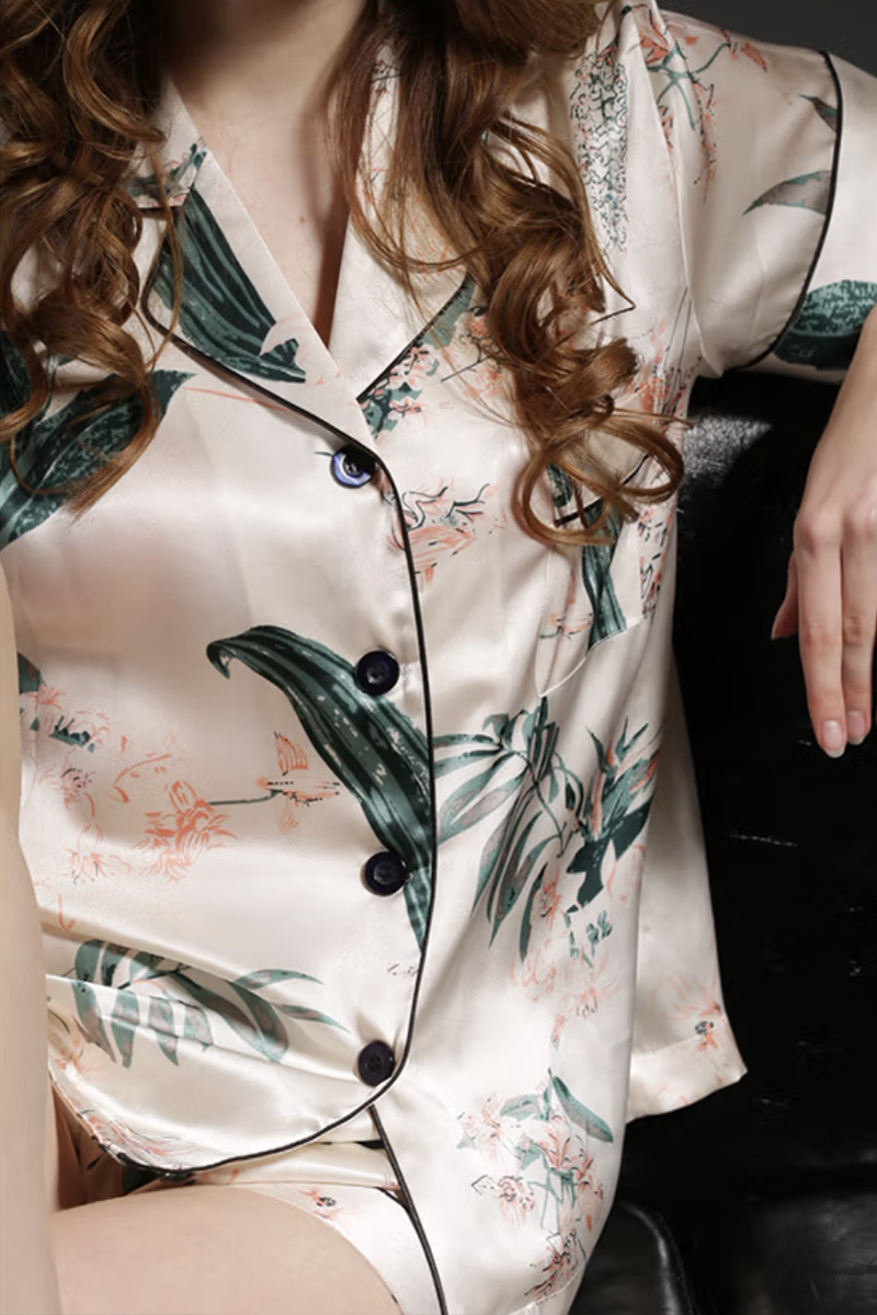 100% Mulberry Silk Floral Printed 2-Piece Set Women Short Sleeve Pajama Set