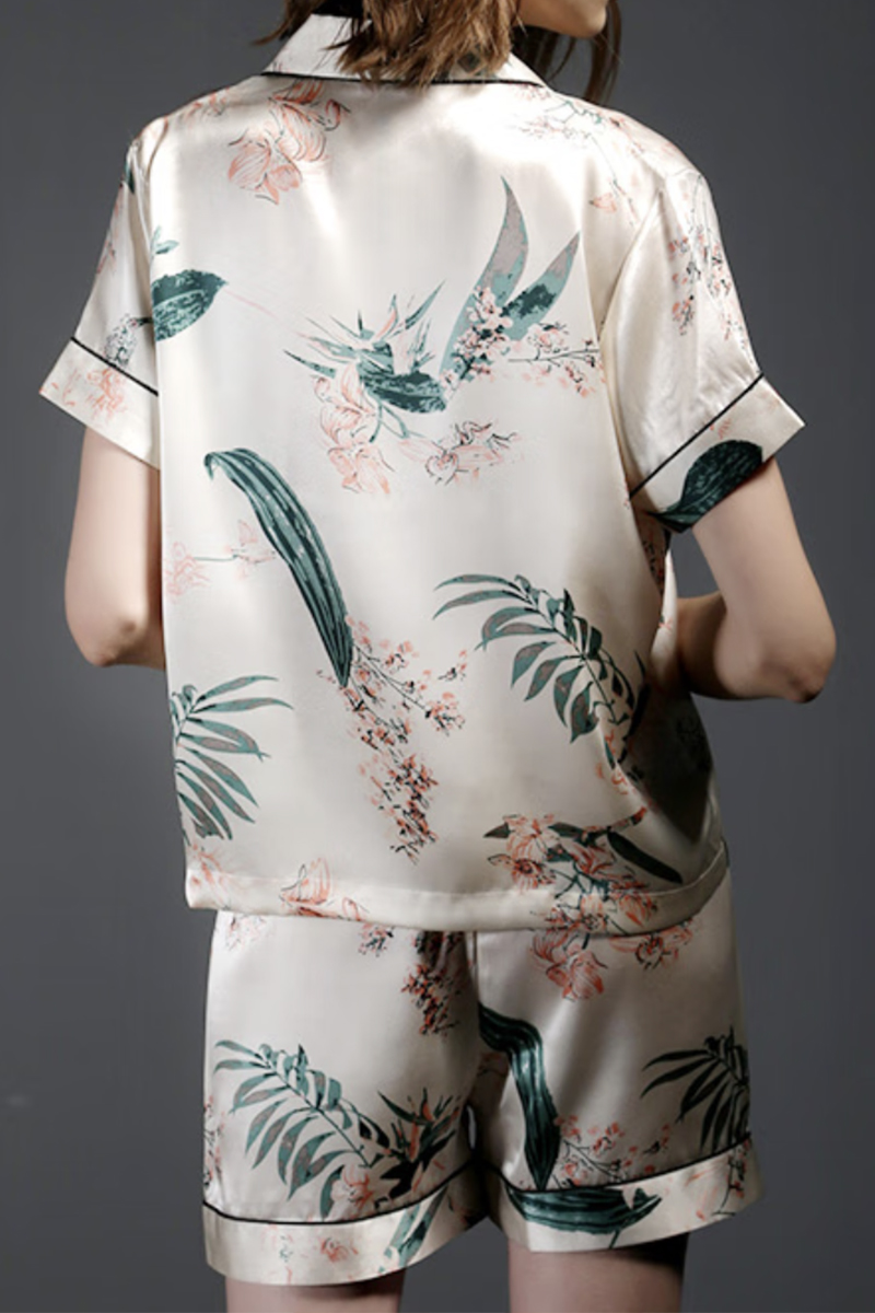 100% Mulberry Silk Floral Printed 2-Piece Set Women Short Sleeve Pajama Set