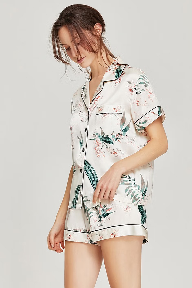 100% Mulberry Silk Floral Printed 2-Piece Set Women Short Sleeve Pajama Set