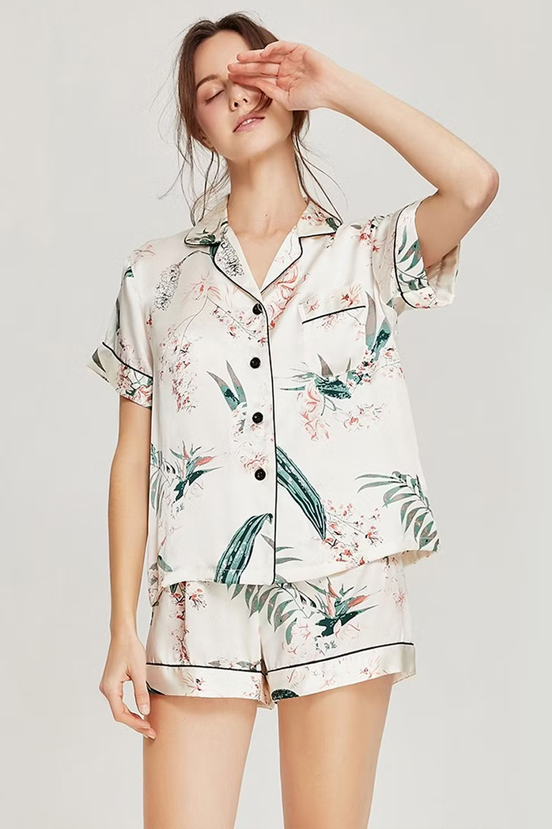 100% Mulberry Silk Floral Printed 2-Piece Set Women Short Sleeve Pajama Set