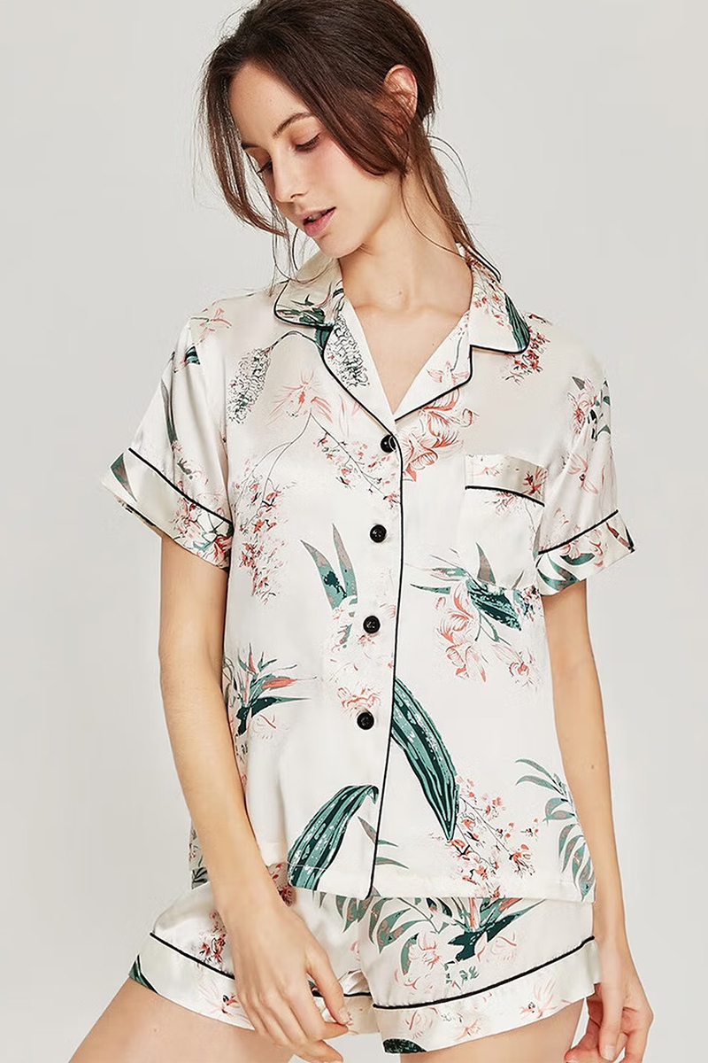 100% Mulberry Silk Floral Printed 2-Piece Set Women Short Sleeve Pajama Set