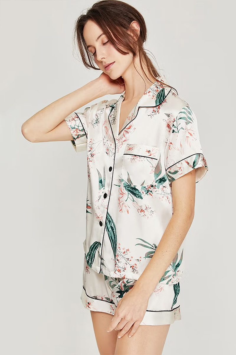 100% Mulberry Silk Floral Printed 2-Piece Set Women Short Sleeve Pajama Set
