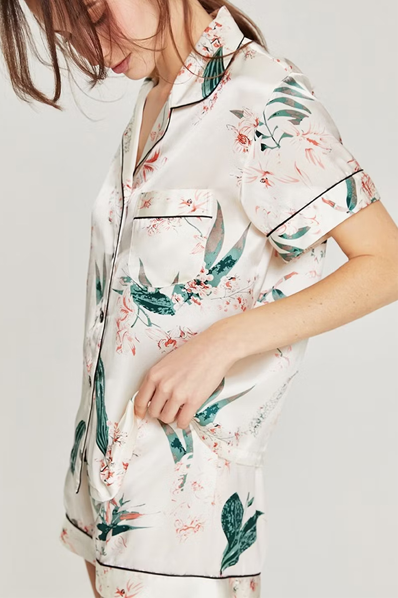 100% Mulberry Silk Floral Printed 2-Piece Set Women Short Sleeve Pajama Set