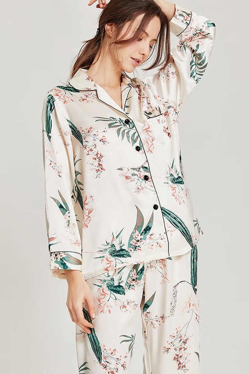  100% Mulberry Silk Long Sleeve for Women Floral Printed Pajama Set