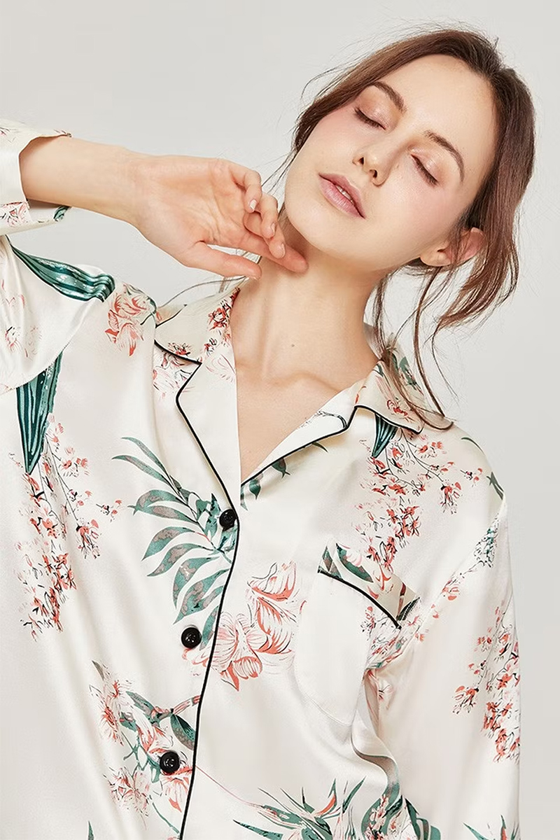  100% Mulberry Silk Long Sleeve for Women Floral Printed Pajama Set