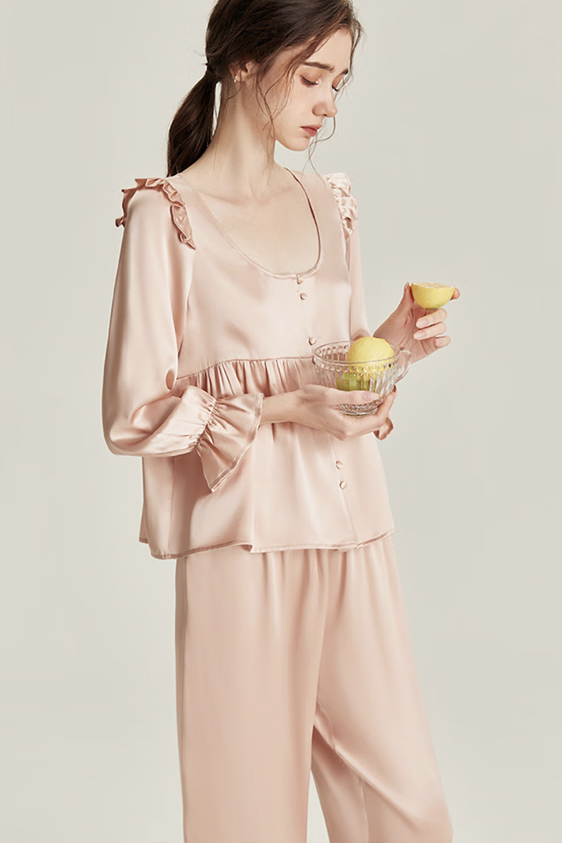 100% Mulberry Silk Vintage Style Pajama Set with Ruffle Trim for Women