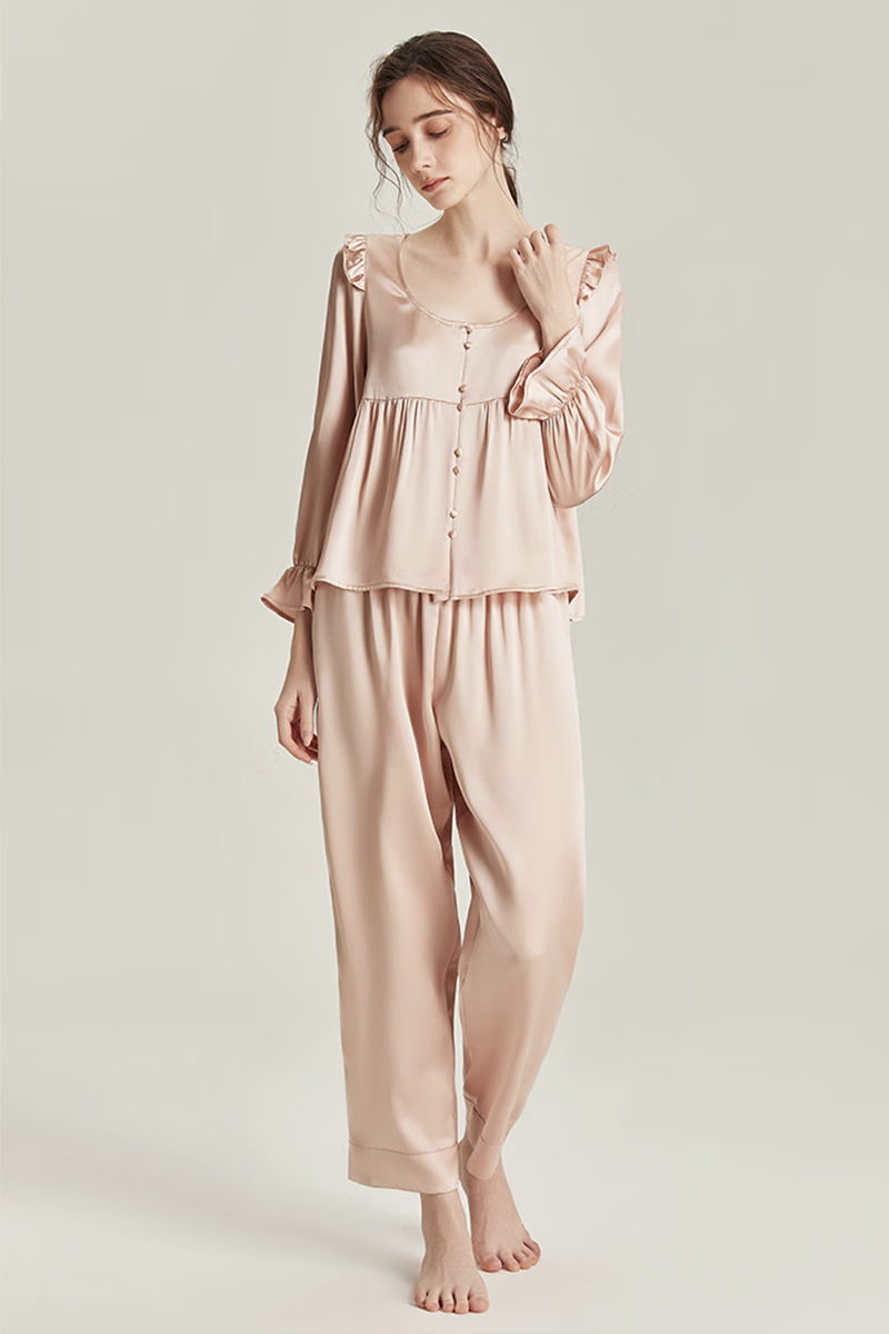 100% Mulberry Silk Vintage Style Pajama Set with Ruffle Trim for Women