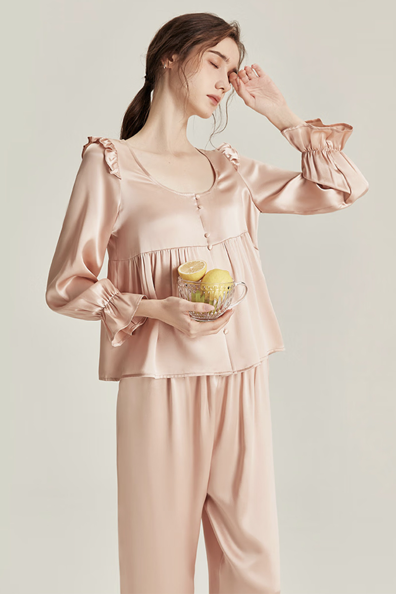 100% Mulberry Silk Vintage Style Pajama Set with Ruffle Trim for Women