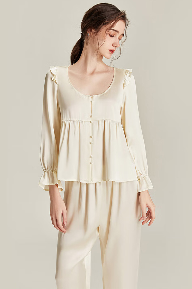 100% Mulberry Silk Vintage Style Pajama Set with Ruffle Trim for Women
