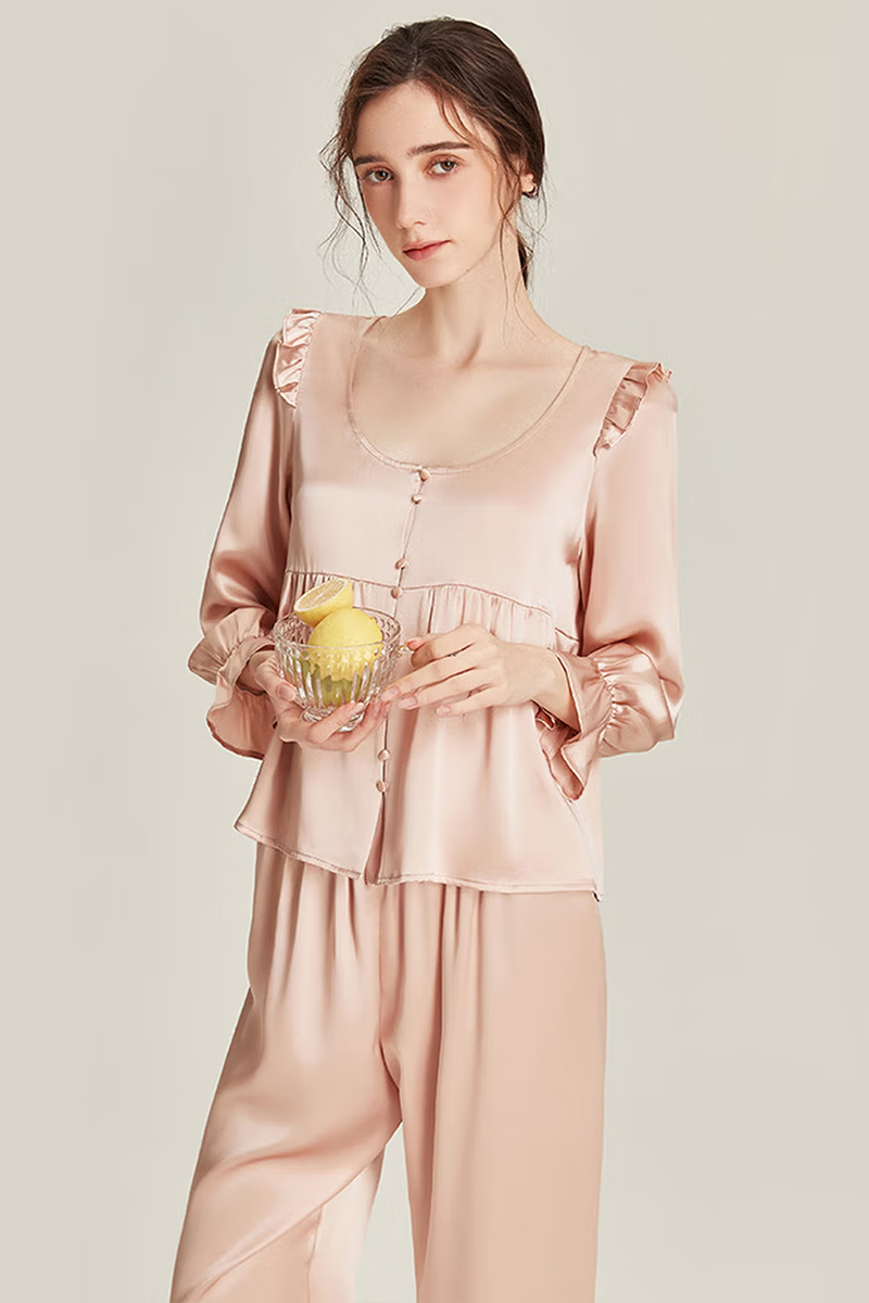 100% Mulberry Silk Vintage Style Pajama Set with Ruffle Trim for Women