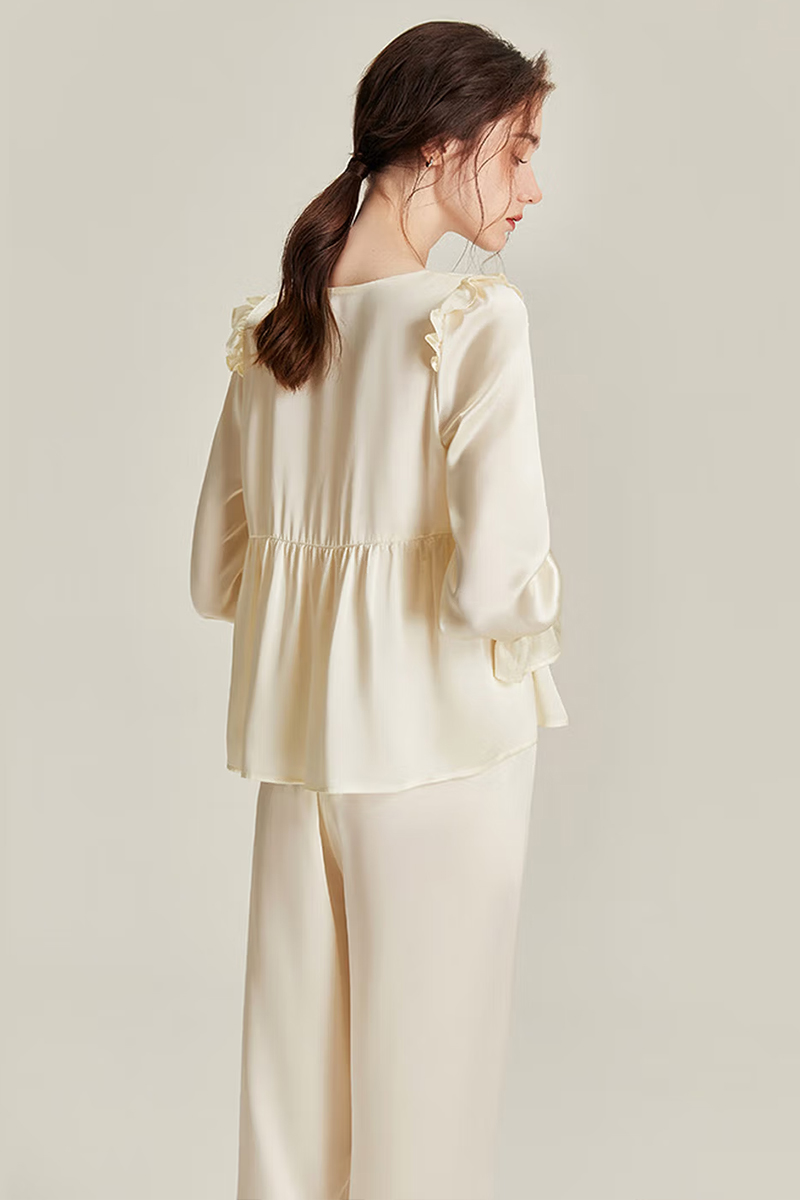 100% Mulberry Silk Vintage Style Pajama Set with Ruffle Trim for Women