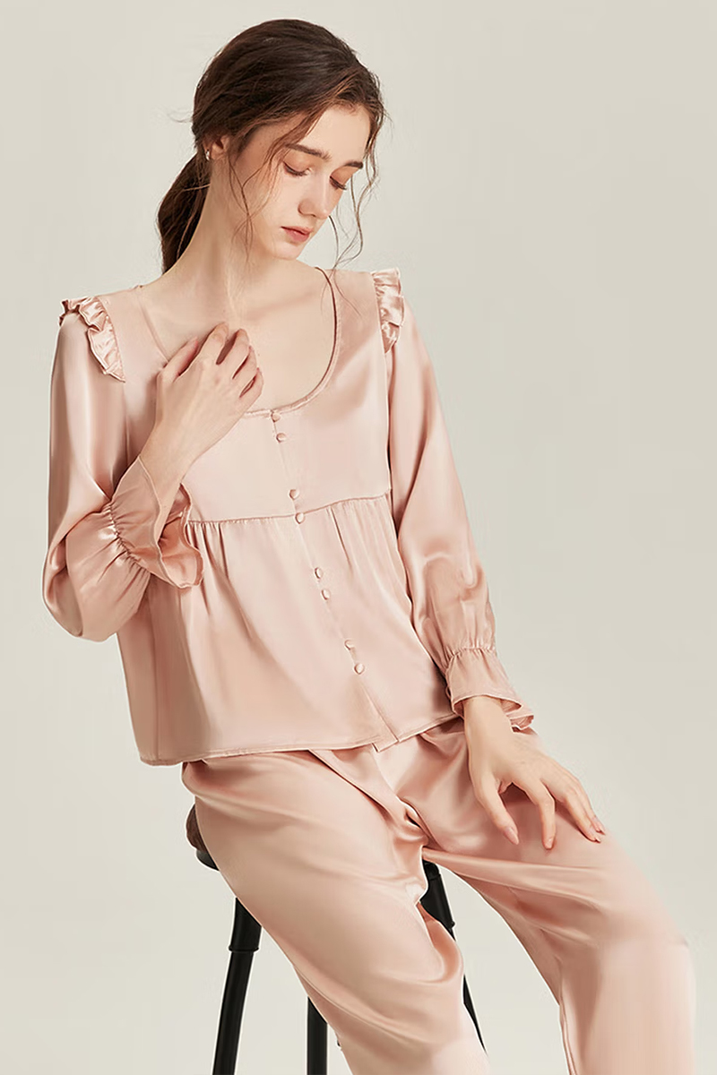 100% Mulberry Silk Vintage Style Pajama Set with Ruffle Trim for Women
