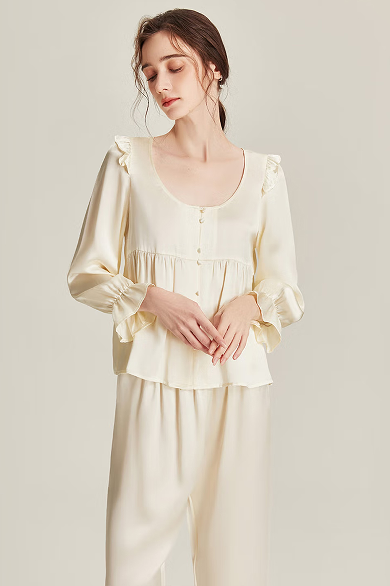100% Mulberry Silk Vintage Style Pajama Set with Ruffle Trim for Women