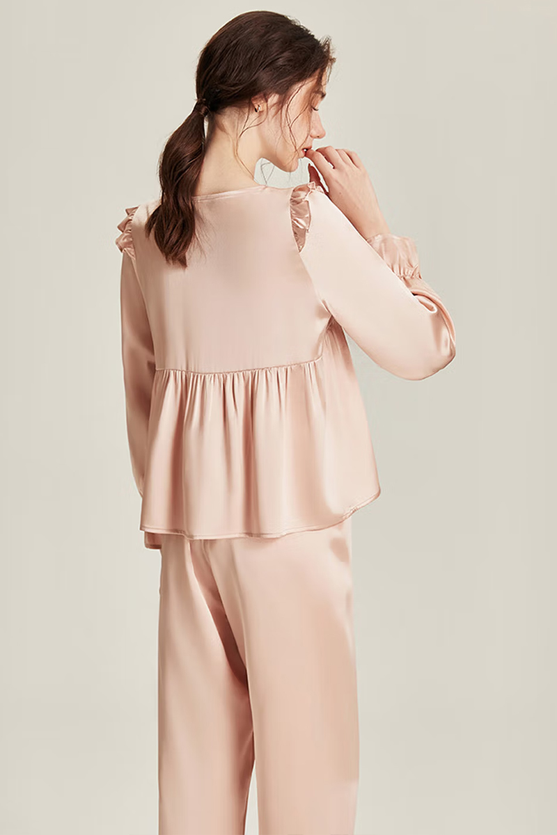 100% Mulberry Silk Vintage Style Pajama Set with Ruffle Trim for Women
