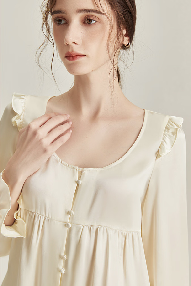 100% Mulberry Silk Vintage Style Pajama Set with Ruffle Trim for Women