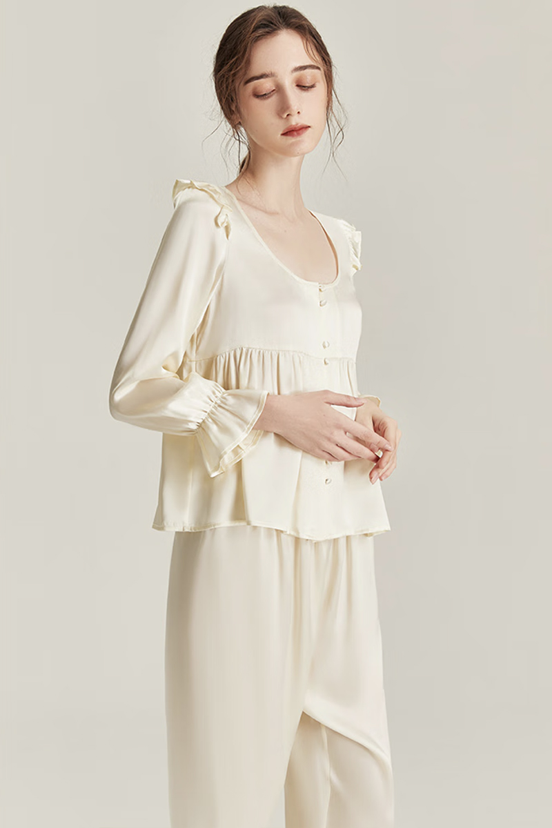 100% Mulberry Silk Vintage Style Pajama Set with Ruffle Trim for Women