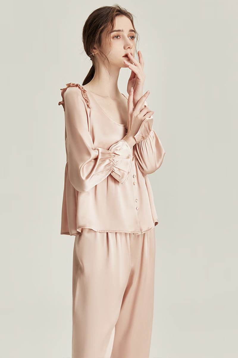100% Mulberry Silk Vintage Style Pajama Set with Ruffle Trim for Women