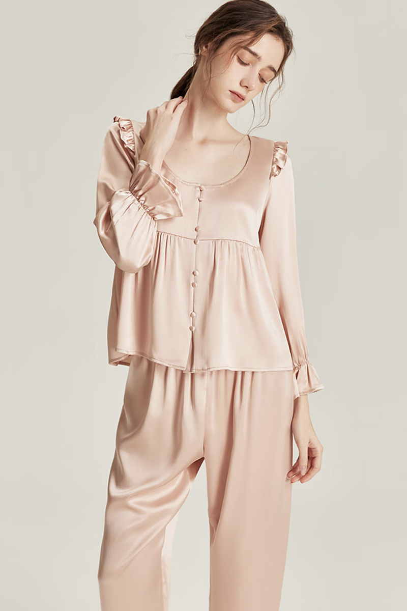 100% Mulberry Silk Vintage Style Pajama Set with Ruffle Trim for Women