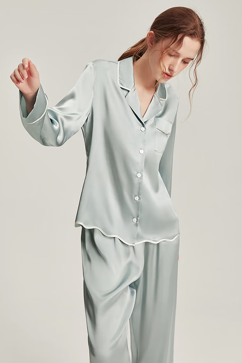 100% Mulberry Silk Long Sleeve 2-Piece Set Luxury Pajama Set