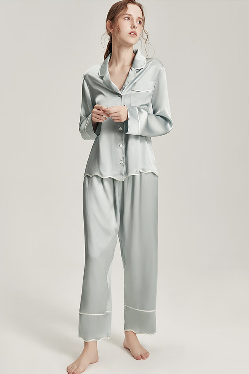 100% Mulberry Silk Long Sleeve 2-Piece Set Luxury Pajama Set