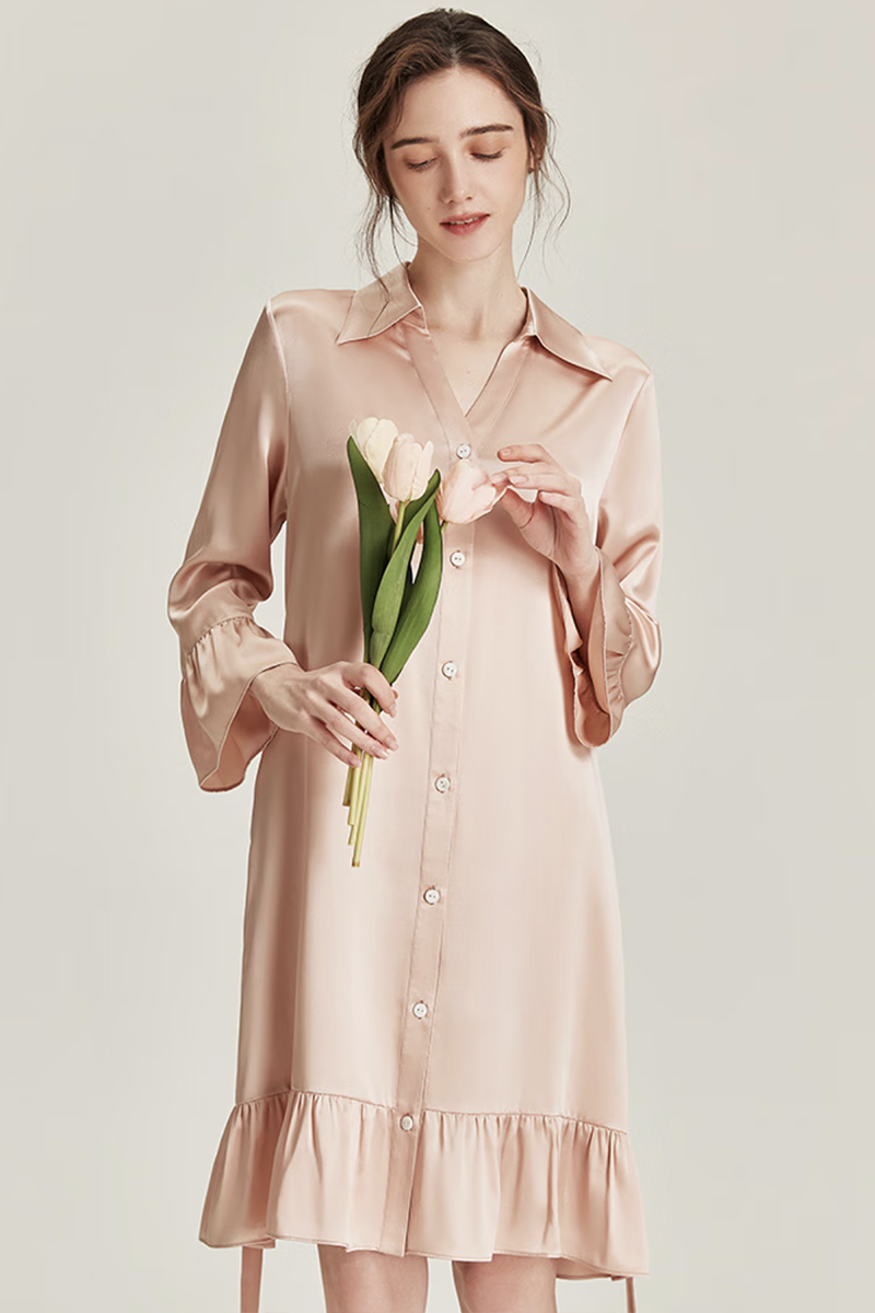 100% Mulberry Silk Nine-point Flare Sleeve Nightgown Luxury Women Nightshirt