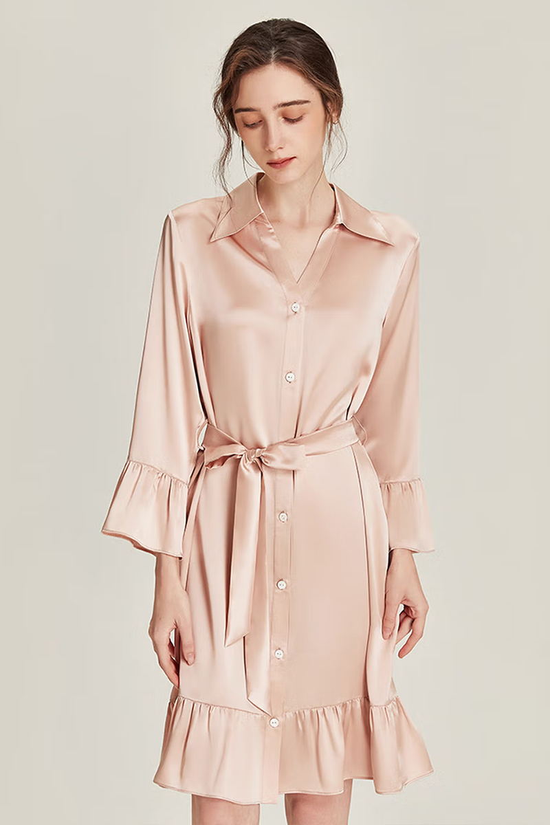 100% Mulberry Silk Nine-point Flare Sleeve Nightgown Luxury Women Nightshirt
